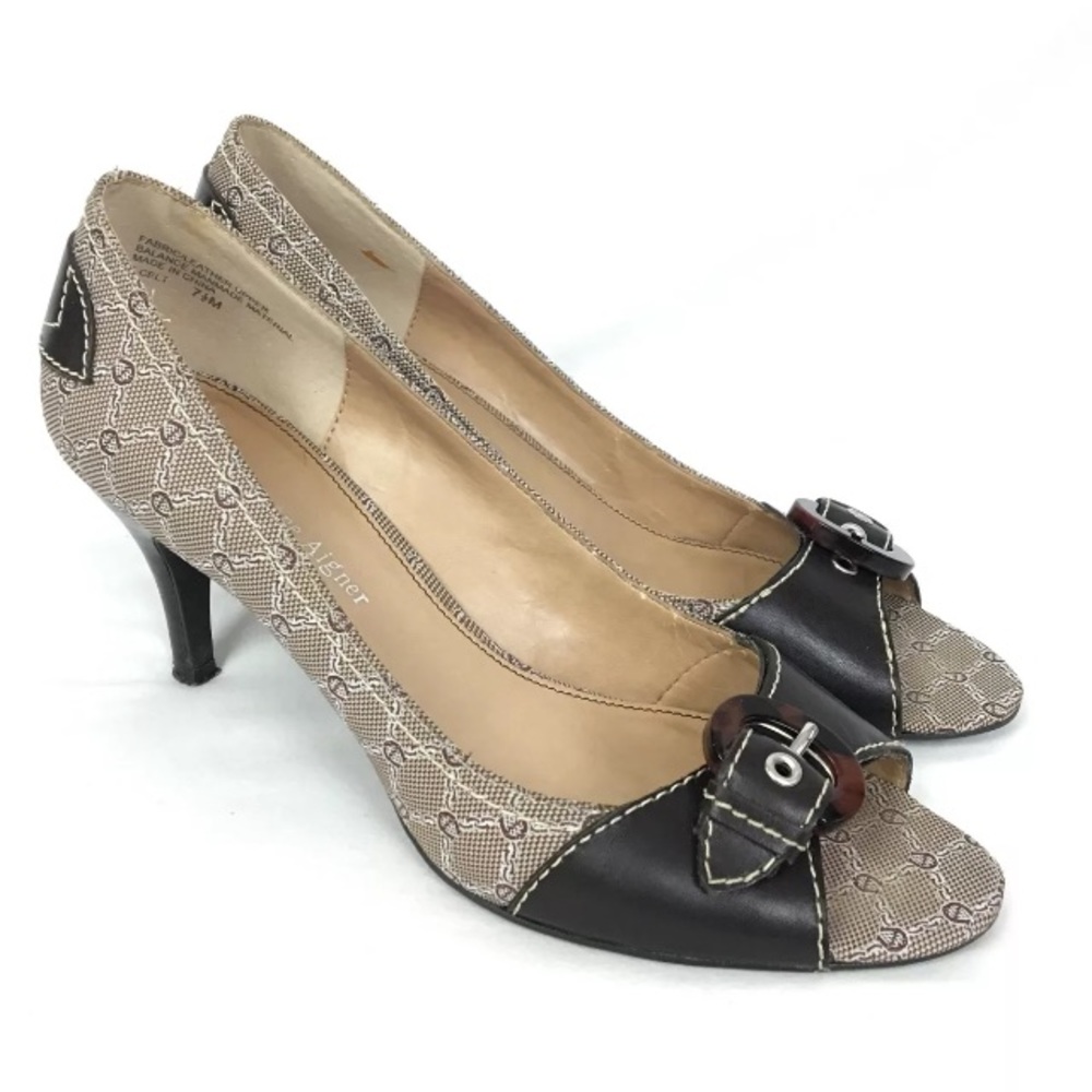 Brown Etienne Agnier Peep Toe Heels With Signature Horseshoe Design Size 7.5